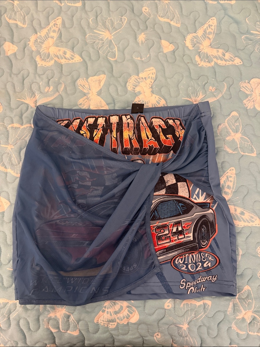 SHEIN Blue Wrap Mini Skirt with Race Car Graphic